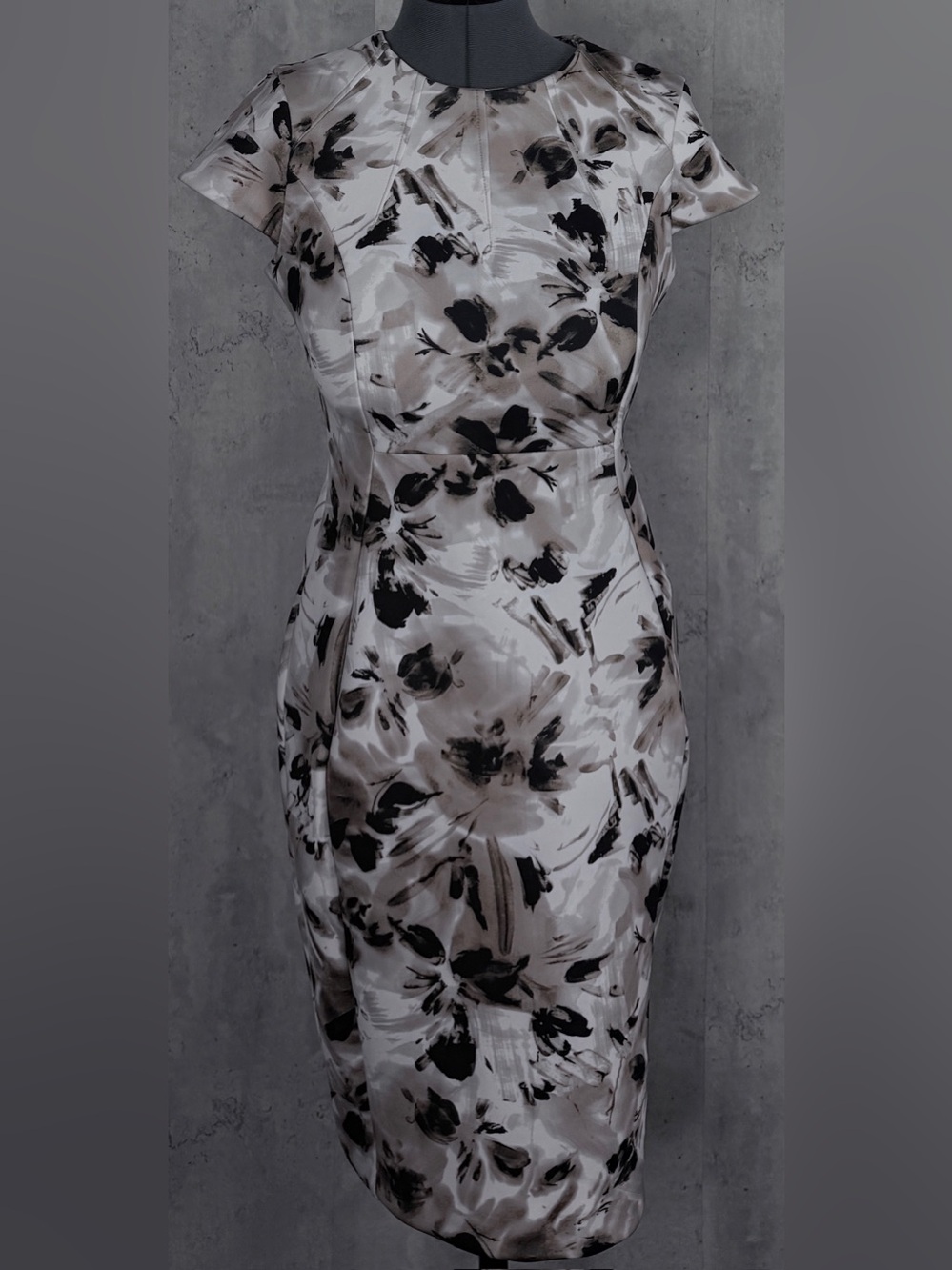 Calvin Klein Floral Sheath Dress Size 4 Cap Sleeve Neutral Midi Abstract Pencil